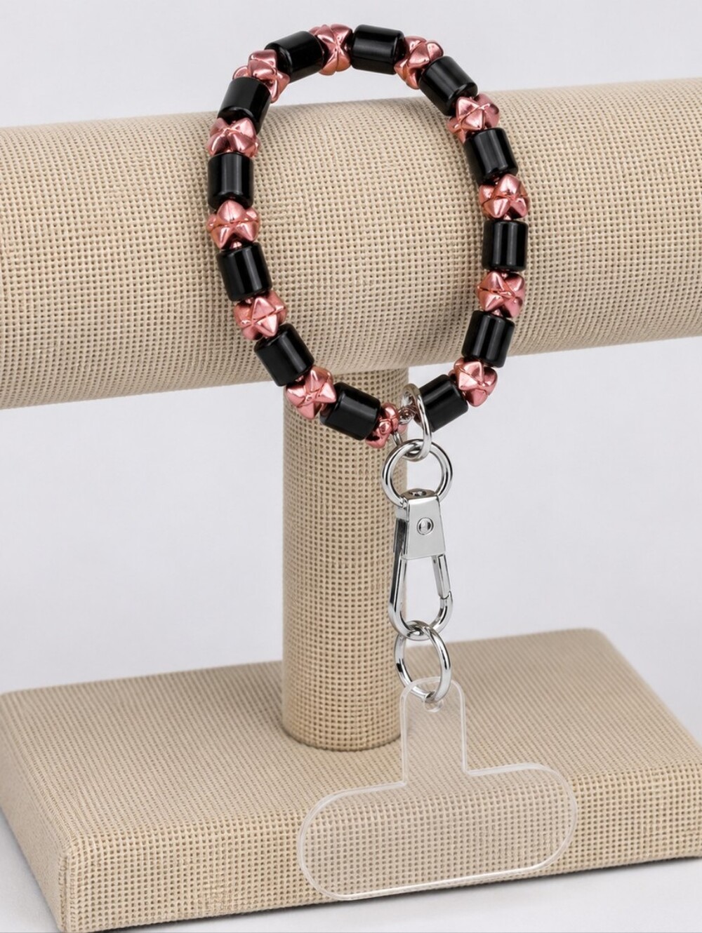 6.75" Black & Rose Gold Crystal Beaded Phone Lanyard Wristlet Bracelet